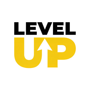 Bold level up transparent PNG text graphic with yellow arrow and clean gaming reward style