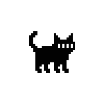 Black pixel cat transparent PNG icon with retro game pet silhouette and raised tail
