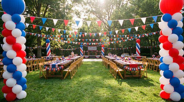 Juneteenth backyard celebration area balloon columns bunting tables chairs for freedom day holiday festival outdoor party event design