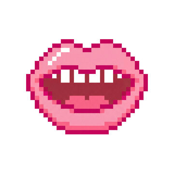 Pink pixel lips transparent PNG sticker with glossy open mouth and teeth graphic