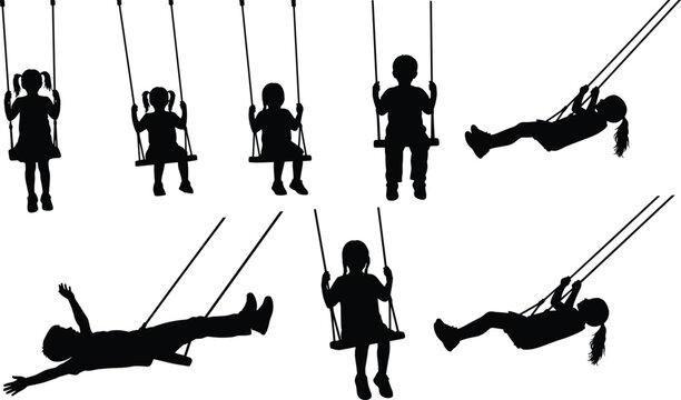Children Swing Silhouette Collection Featuring Kids Playing Outdoors for Childhood Recreation, Park Activities, and Fun Lifestyle Design Projects
