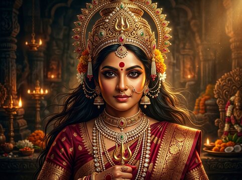 Divine Maa Durga Idol Adorned with Sacred Flowers and Golden Ornaments