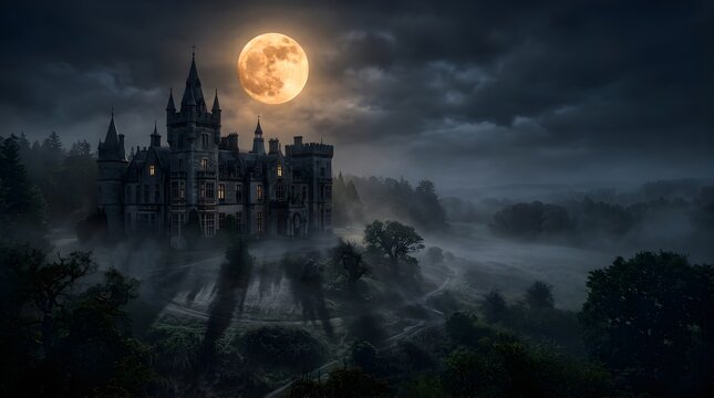 Majestic gothic castle under full moon in a misty forest at night
