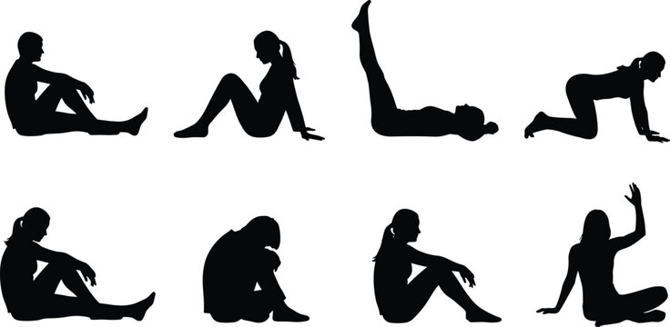 Elegant collection of human silhouette poses showcasing seated, reclining, and kneeling positions for posture reference, exercise illustration, and artistic inspiration
