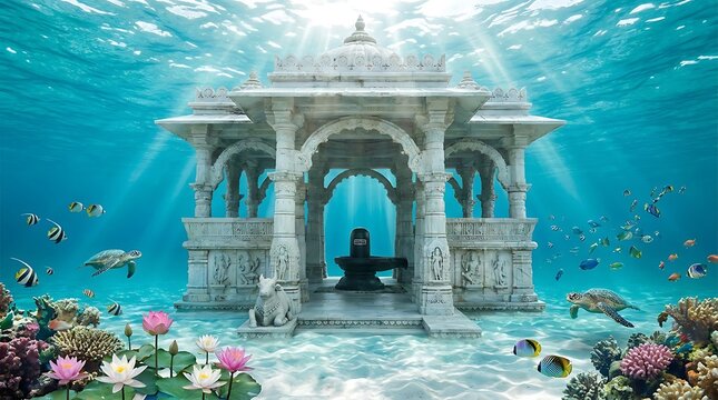 Ancient underwater temple with sacred deity and marine life bathed in ethereal light.