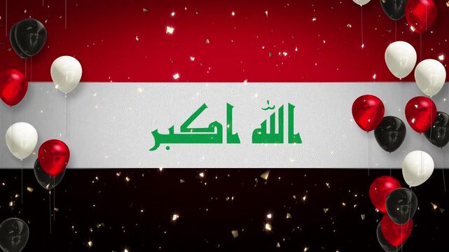 Loopable 4K video. Iraqi flag. Celebration, event, sports, soccer, football. Background, player introductions. Confetti, red, white, and black balloons. Video with copy space. Iraq. Baghdad.