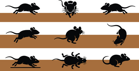 Naklejka premium Black Mouse Silhouette Collection Running and Jumping Vector Graphics for Pest Control Services, Wildlife Education & Animal Infographics (EPS)