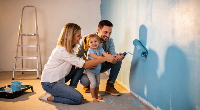 Cute little girl painting room with parents in new house