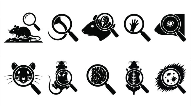 Laboratory Rat Research and Scientific Inspection Vector Icon Set for Medical Studies, Veterinary Science & Biological Laboratory Testing (EPS)