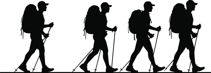 Silhouettes of hikers walking with backpacks and trekking poles, symbolizing outdoor adventure, teamwork, exploration, hiking lifestyle, and nature travel themes © bipul stok