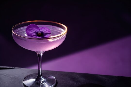 Elegant purple cocktail in a coupe glass with flower garnish on a dark moody background