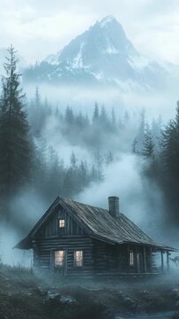 A cabin sits in the woods surrounded by tall trees and mountains. Fog blankets the area as soft light shines from the windows. Evening sets in as nature takes its course