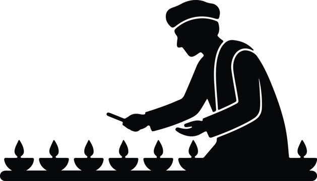 Silhouette vector of man lighting traditional oil lamps for festival design