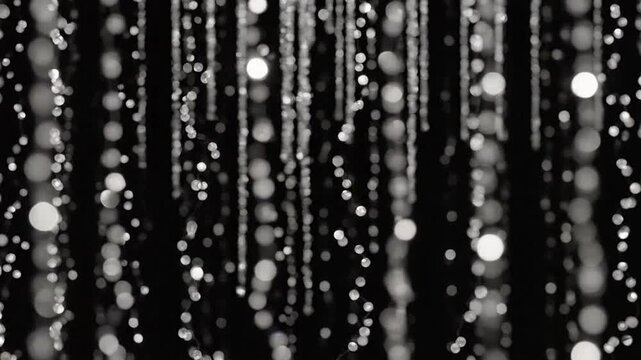 Vertical strings of glowing white lights hang against a deep black background