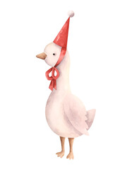 Circus. Watercolor hand-drawn illustration with circus goose in red party hat. Cute circus theme drawings for kids. For design baby shower, birthday and nursery. © Nellya Egorova