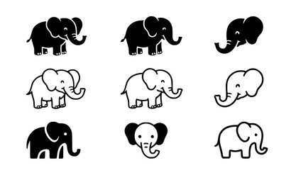 Modern elephant icon collection vector black and white outline and silhouette set © MdRiazul
