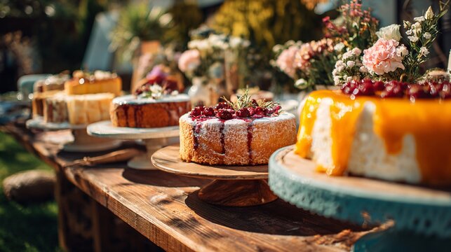 A vibrant outdoor dessert setup with cakes served on a wooden table under bright sunlight