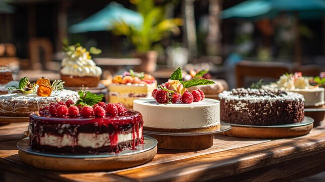 A vibrant outdoor dessert setup with cakes served on a wooden table under bright sunlight