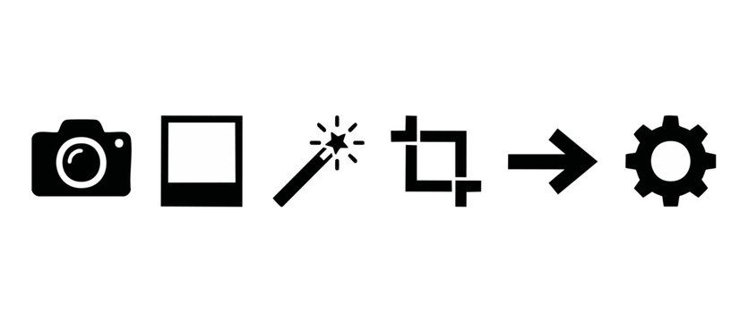 Photography workflow icons vector set representing digital photo editing process steps including camera, magic wand, crop tool, and gear for automated image enhancement and productive design workflow.