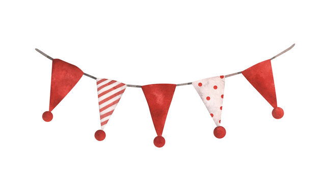 Circus. Watercolor hand-drawn illustration with circus white and red, polka dots, stripes bunting. Cute circus theme drawings for kids. For design baby shower, birthday and nursery.
