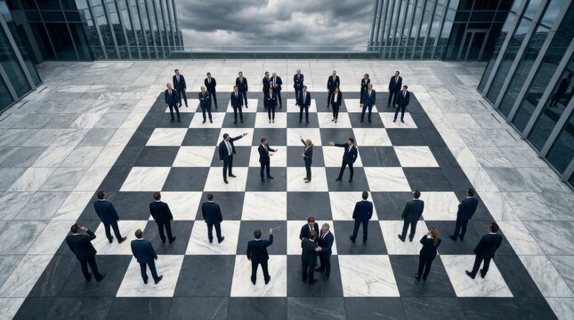 Strategic chess battle among business leaders urban rooftop high-stakes competition dramatic atmosphere aerial perspective
