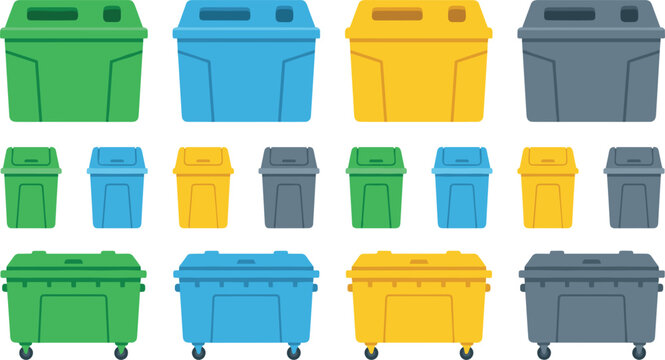 Recycling Waste Bin Vector Icon Set with Colorful Garbage Containers, Trash Cans, and Dumpsters for Environmental Management and Sorting Designs