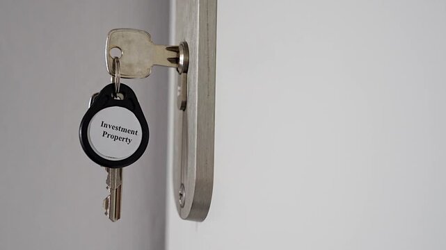 House keys with Investment Property keychain inserted into apartment door lock with copy space. Real estate investment and property ownership concept for passive income and wealth building