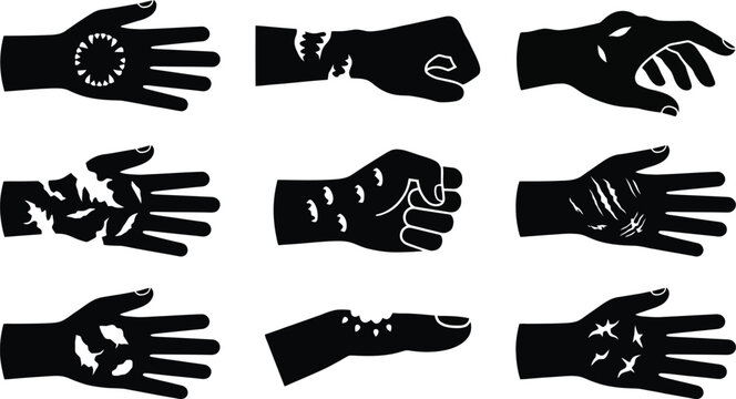 Zombie Hand Wound and Bite Injury Silhouette Vector Icon Set for Horror Graphic Design, Halloween Posters & Medical Illustration (EPS)