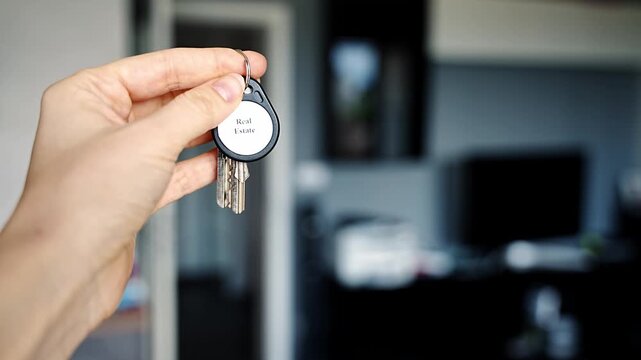 Woman holding house keys with real estate keychain inside modern apartment interior. Property ownership and housing market concept for real estate business and home purchase