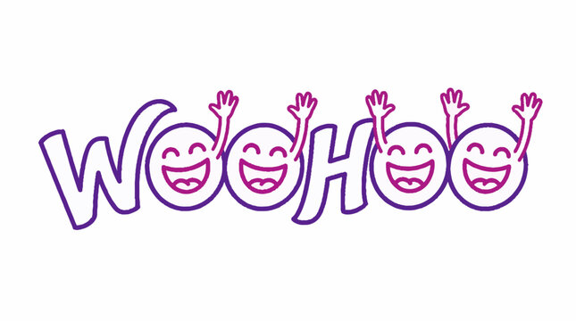 WooHOO word with smiling faces and raised hands, purple and pink gradient vector illustration on white background