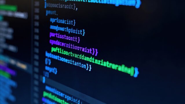 Closeup of computer screen displaying colorful code