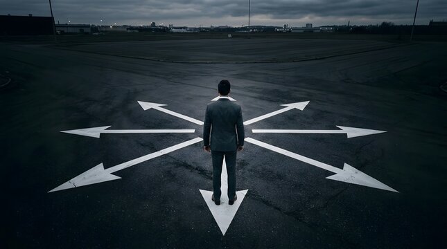 Man standing on road at crossroads with arrows showing different directions choosing path.