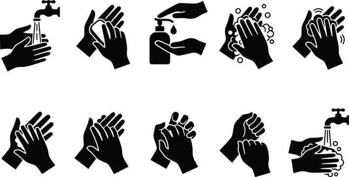 Hand Washing Hygiene Steps Vector Icon Set for Healthcare Signage, Public Safety Posters & Medical Educational Materials (EPS)