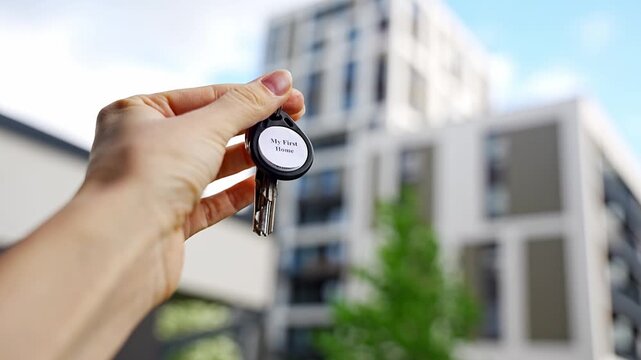 Hand holding house keys with My First Home keychain near modern apartment building. Property ownership and first real estate purchase concept