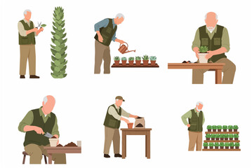 Fototapeta premium Vector illustration of a senior man engaged in various gardening activities, including pruning, watering, and potting plants, isolated on a white background.