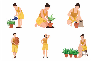 Woman gardening character set vector illustration for plant care, watering, potting, and urban gardening hobby activities on white background. © Miccheal