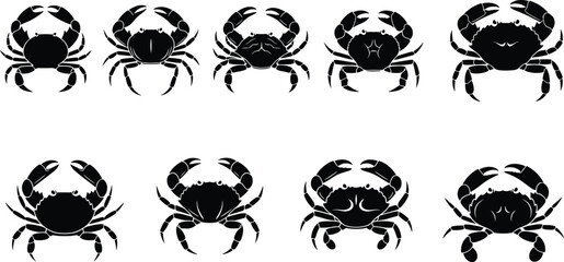 Silhouettes of crabs in varied postures and shapes, showcasing marine diversity, ocean wildlife anatomy, and aquatic design inspiration for artwork © urmilarani