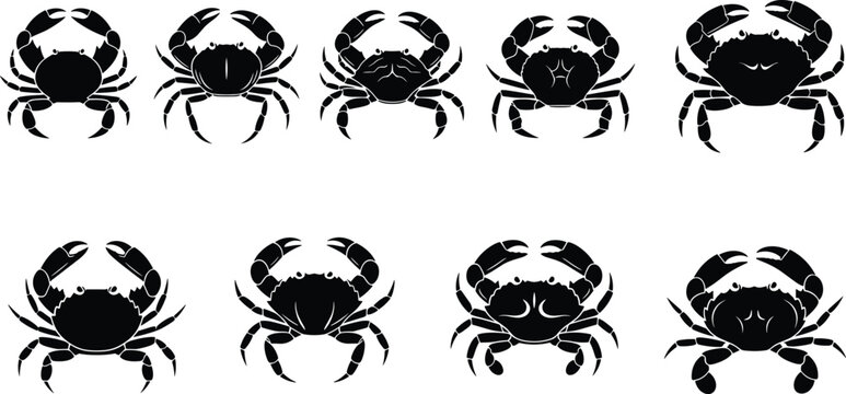 Silhouettes of crabs in varied postures and shapes, showcasing marine diversity, ocean wildlife anatomy, and aquatic design inspiration for artwork