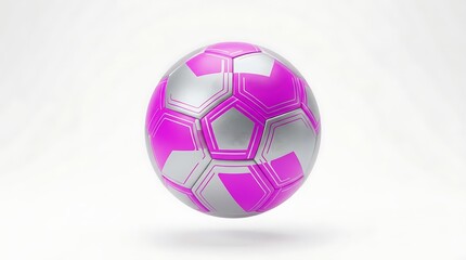 Naklejka premium Modern soccer ball with vibrant pink and silver panel design hovering against clean white background.