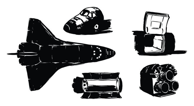 Black space shuttle and parts silhouettes on transparent background