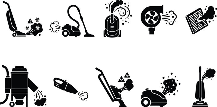 Professional Vacuum Cleaner and Industrial Dust Extraction Equipment Vector Icon Set for Cleaning Services, Maintenance Manuals & Housekeeping (EPS)