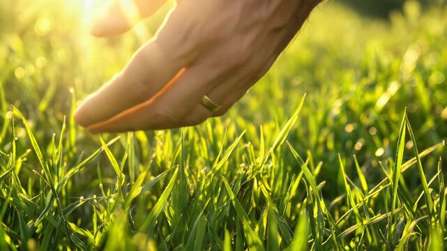 Gloved hand gently brushing over vibrant green grass at sunset. Close-up of human touch in nature during golden hour. Static lockdown shot.