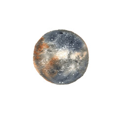 Watercolor illustration of a planet, meteorite, moon, and outer space. © Violetta