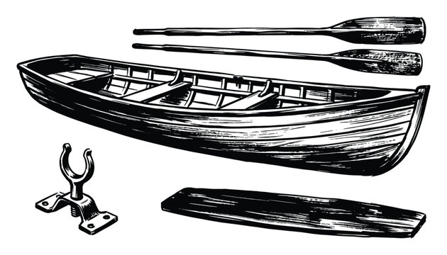 Rowboat with wooden oars and metal bracket nautical elements