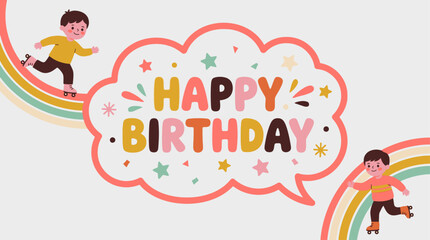 Naklejka premium Children celebrate birthday with colorful decorations and joyful illustrations