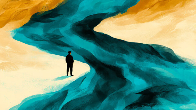 Lone figure stands beside a winding, turquoise river. The river flows through warm, sandy terrain. The scene evokes solitude, journey, or reflection. Suitable for themes of transition, inner quest