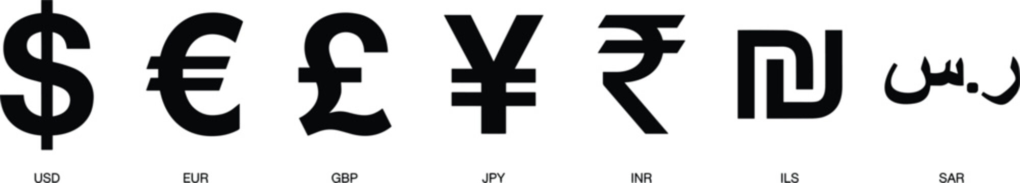 Vector icon set of global currency symbols including USD, EUR, GBP, JPY, INR, ILS, and SAR in minimalist line art style