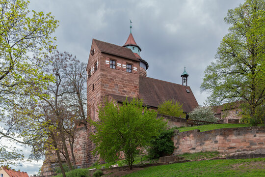 Medieval Walburgiskapelle chapel in Nuremberg Castle, Germany. Exterior view, horizontal panoramic framing