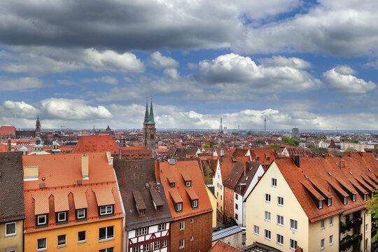 Panoramic view of Nuremberg old town from the castle wall in Germany. Exterior layout, horizontal landscape orientation