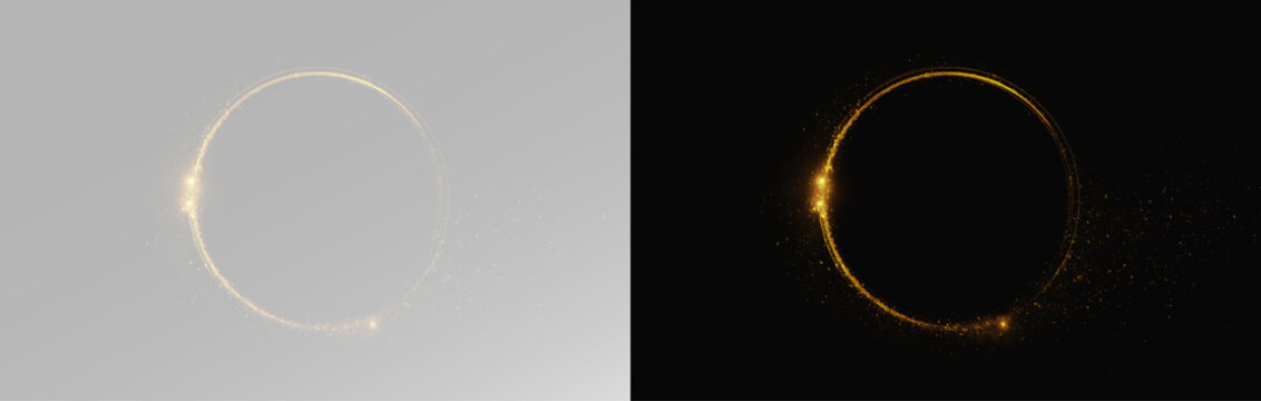 Glowing golden ring frame with sparkling stardust isolated on grey and black backgrounds set